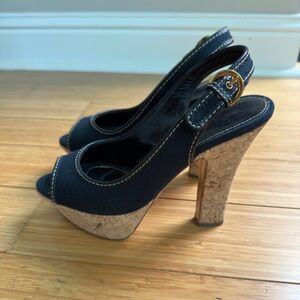 Sergio Rossi Black Slingback Platform Heels Cork Sole EU 36.5 / US 6.5